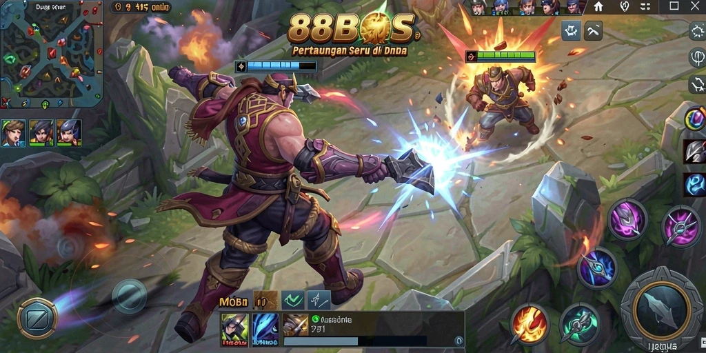 Screenshot utama 88BOS memperlihatkan pertarungan seru antar hero di arena.