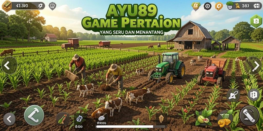 Screenshot game AYU89 menampilkan lahan pertanian yang indah dan berwarna-warni.