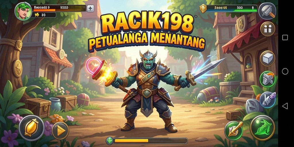 Screenshot menunjukkan karakter beraksi dalam level menantang RACIK198.