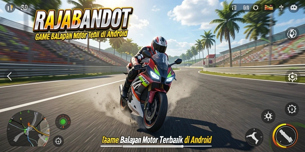 Screenshot dari gameplay RAJABANDOT yang menampilkan balapan motor yang intens.