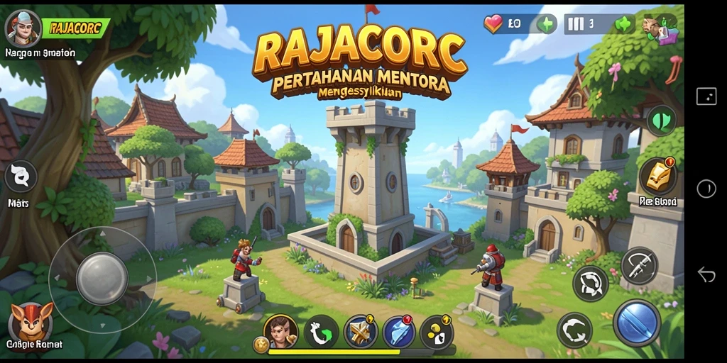 Screenshot gameplay RAJACORC menampilkan pertarungan Tower Defense yang mendebarkan.