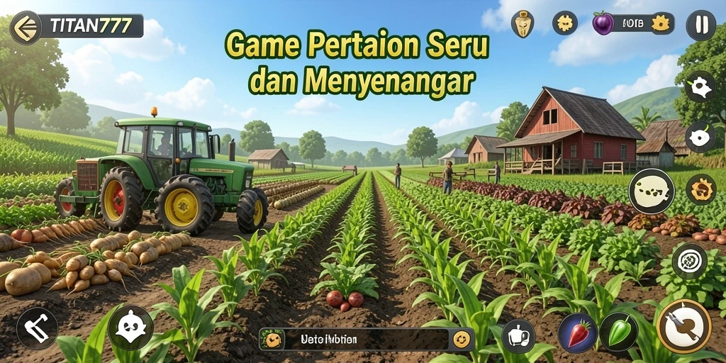 Tampilan gameplay TITAN777 yang menampilkan pertanian yang produktif dan interaksi sosial.