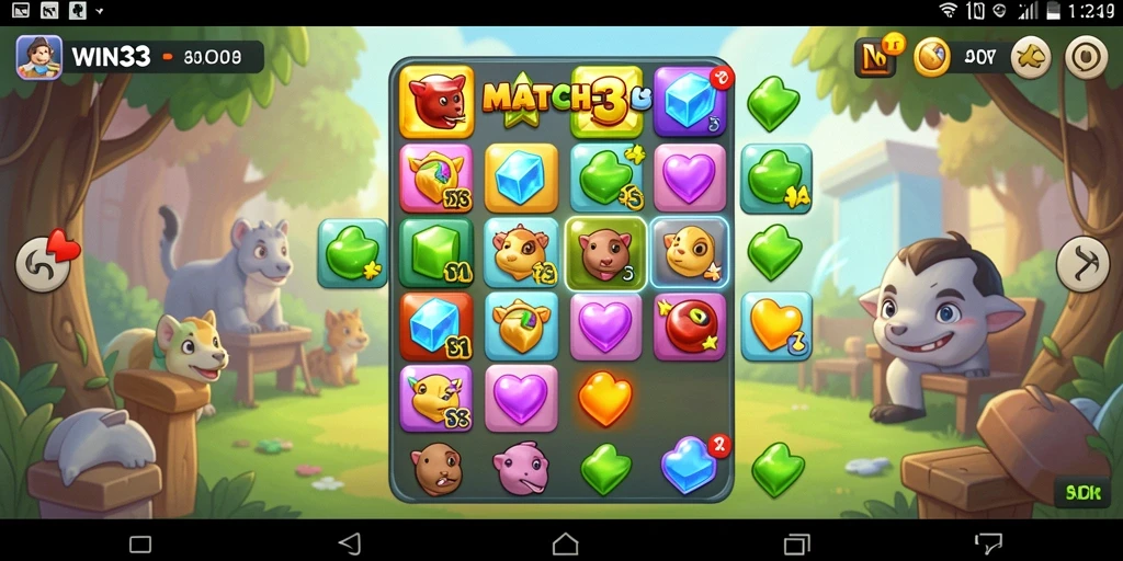 Tangkapan layar utama WIN33 menampilkan gameplay Match-3 yang penuh warna dan seru.
